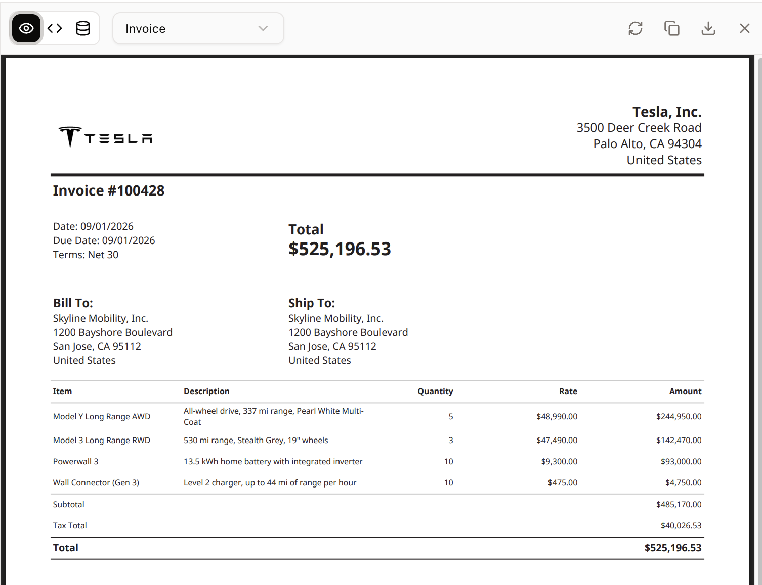 A live invoice preview in Cadbury's Advanced PDF template builder