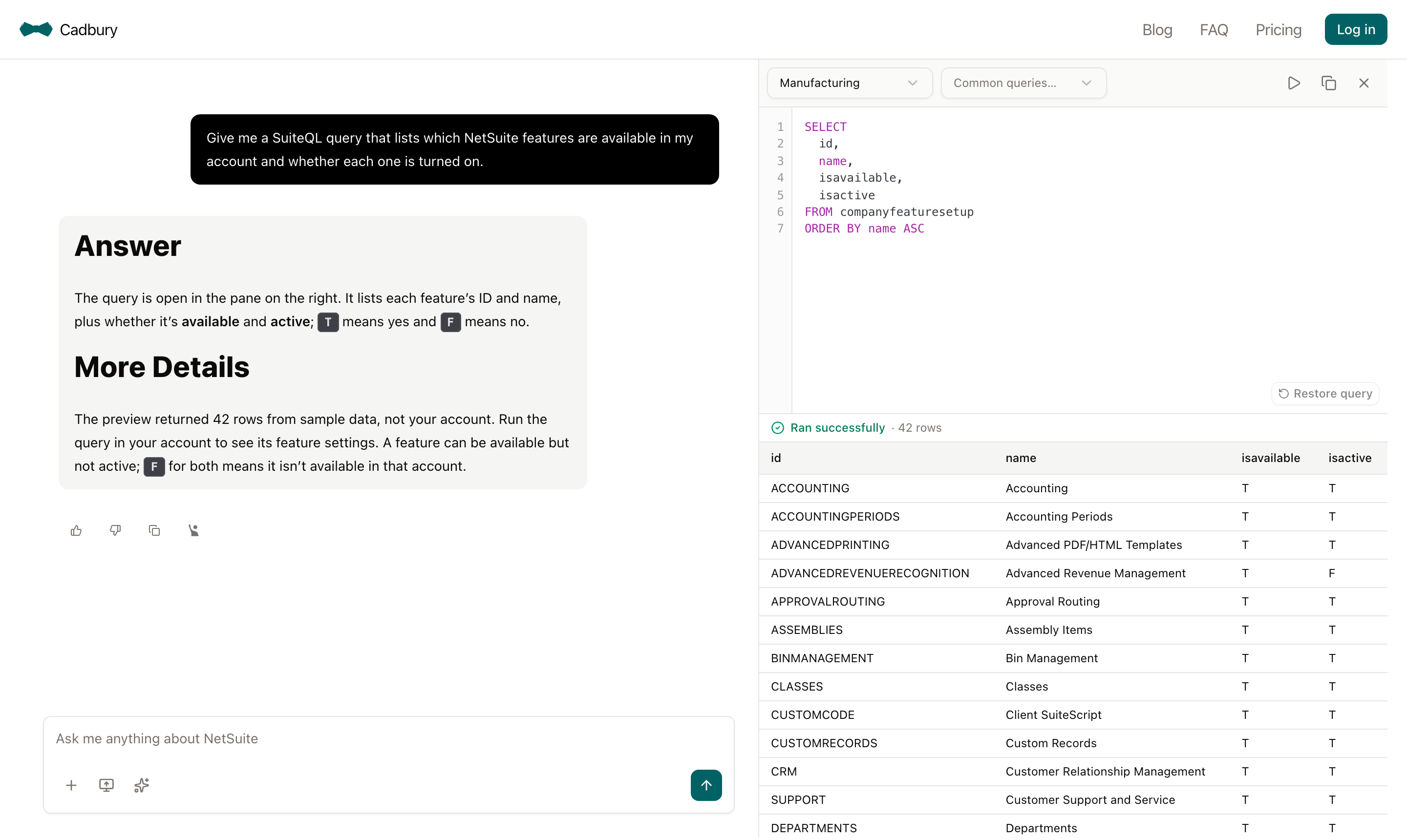 Cadbury answering a SuiteQL question with the query and its results open in the SuiteQL pane
