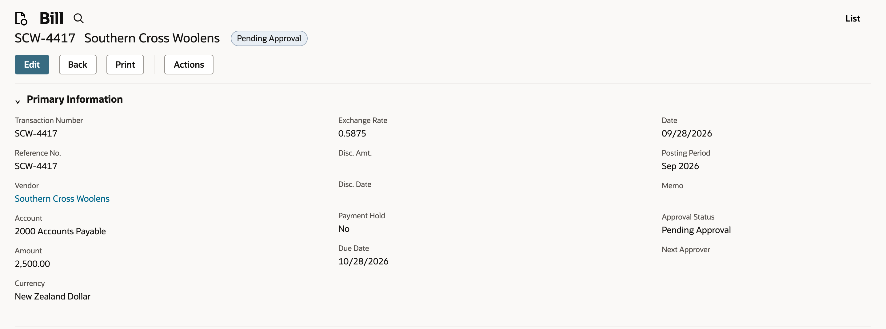 Saved bill SCW-4417 for Southern Cross Woolens shows Exchange Rate 0.5875, Amount 2,500.00, and Currency New Zealand Dollar.