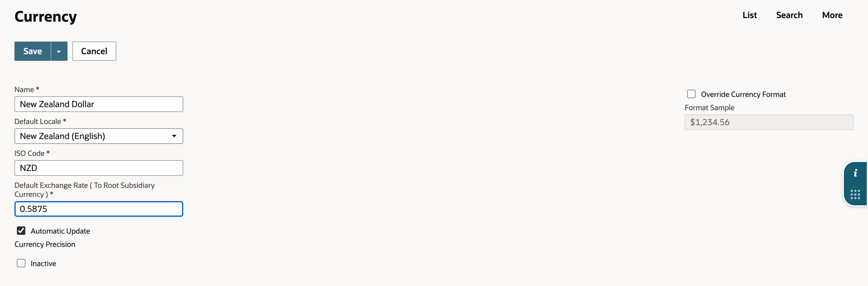 The new Currency form with Default Exchange Rate (To Root Subsidiary Currency) 0.5875 and Automatic Update checked.