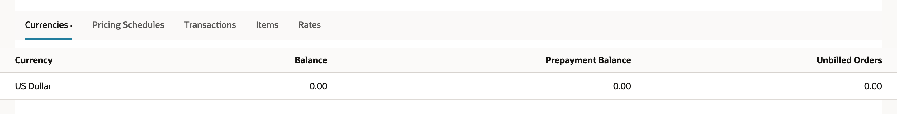 The vendor's Financial subtab Currencies sublist lists one row, US Dollar, with Balance, Prepayment Balance, and Unbilled Orders of 0.00.