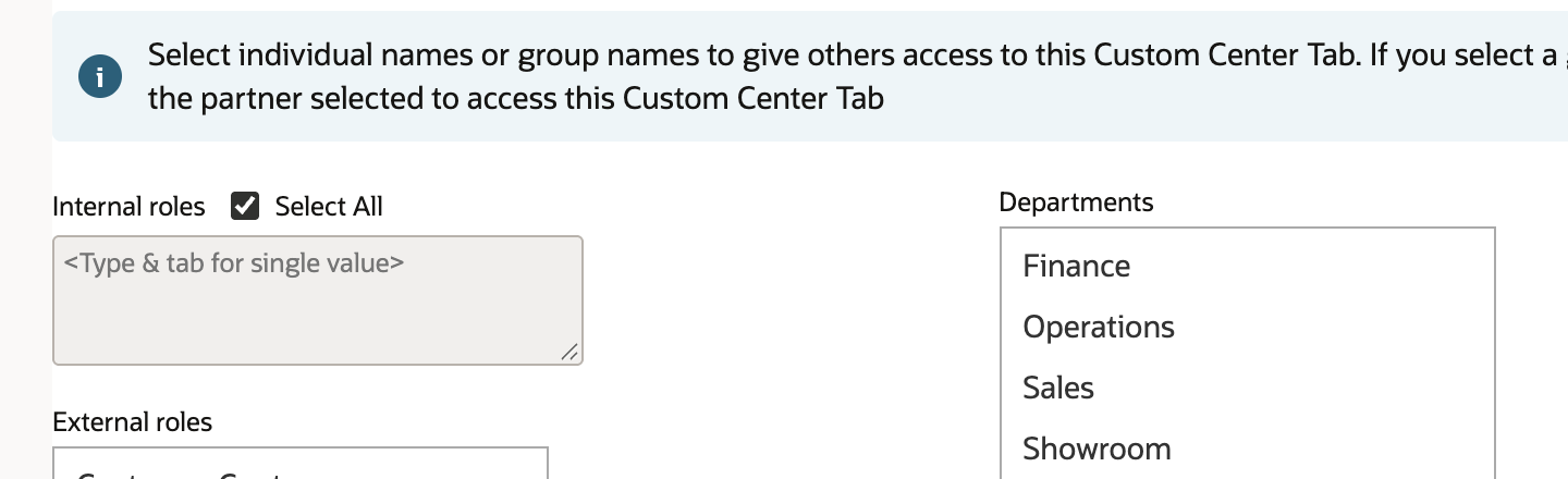The Audience subtab of the Center Tab form. Select All next to Internal roles is checked, and an arrow points to it. Departments are listed to the right.