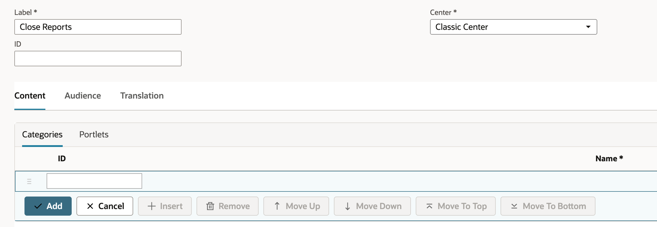 New Center Tab form with Label set to Close Reports and Center set to Classic Center. The ID field is blank. The Content subtab shows the Categories and Portlets sublists, with an empty Categories line.