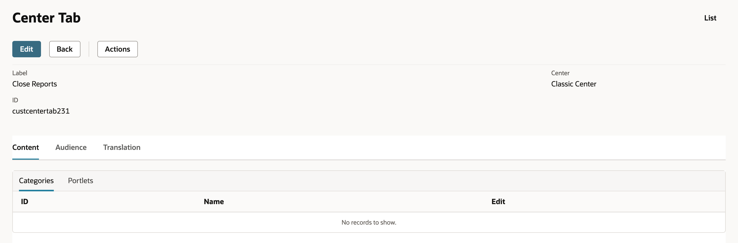 Saved Center Tab record in view mode: Label Close Reports, ID custcentertab231, Center Classic Center. The Categories sublist says No records to show.