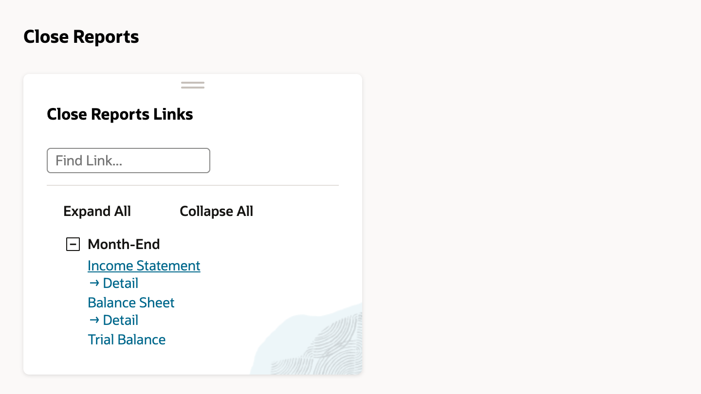 The Close Reports page with a Close Reports Links portlet. The expanded Month-End group lists Income Statement, Balance Sheet, and Trial Balance, with Detail links under the first two. An arrow points to Income Statement.