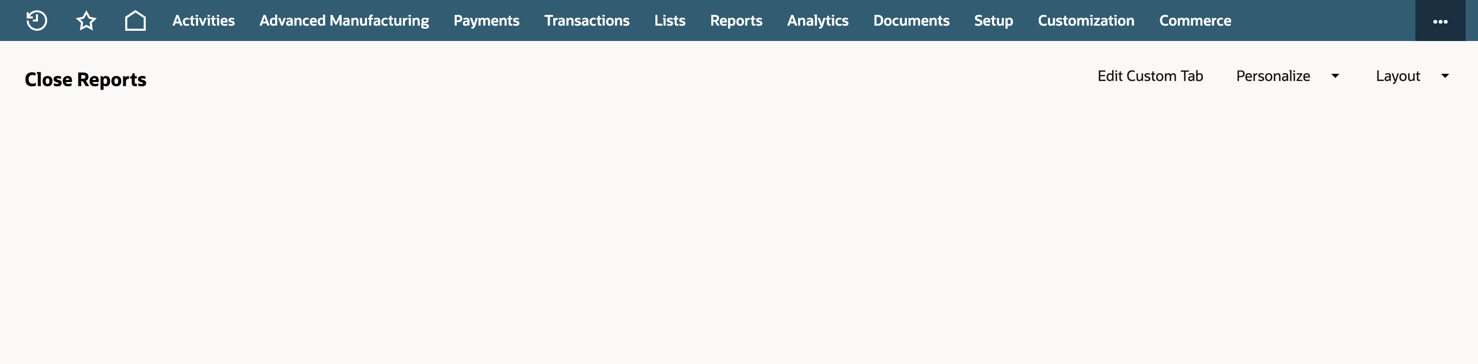 The Close Reports tab page. It has the title Close Reports and the Edit Custom Tab, Personalize, and Layout controls, and no content.