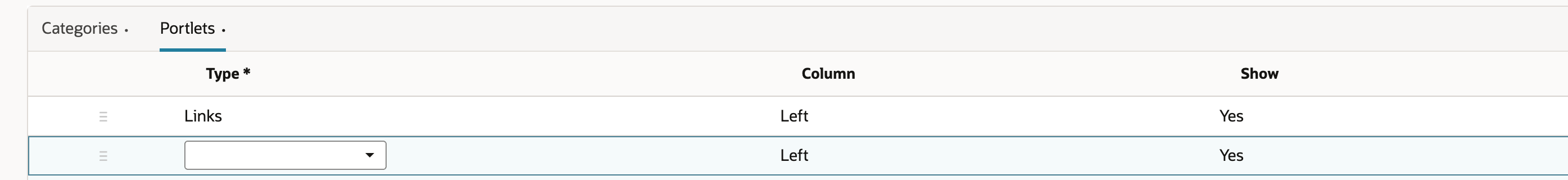 The Portlets sublist with one added line: Type Links, Column Left, Show Yes.
