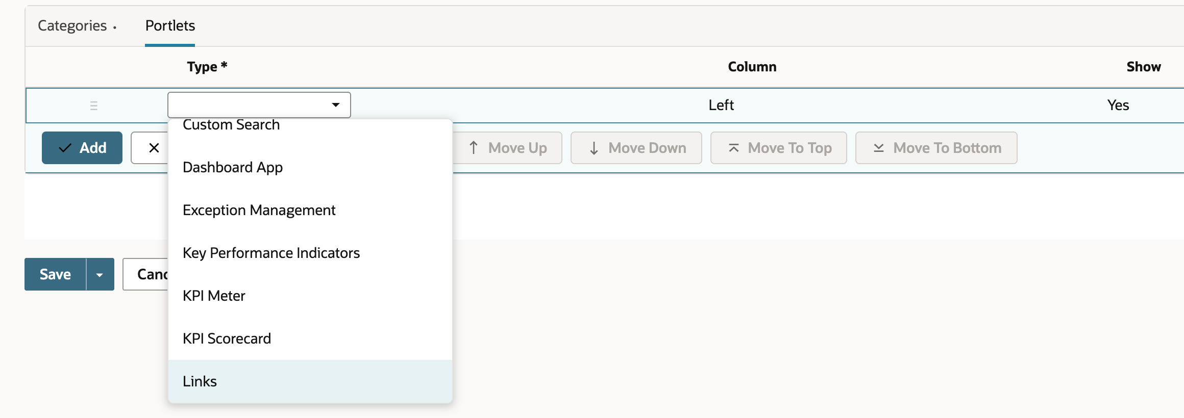 The Portlets sublist on the Center Tab form, with the Type list open. Options include Custom Search, Dashboard App, Exception Management, Key Performance Indicators, KPI Meter, KPI Scorecard, and Links, which is highlighted. Column is Left and Show is Yes.