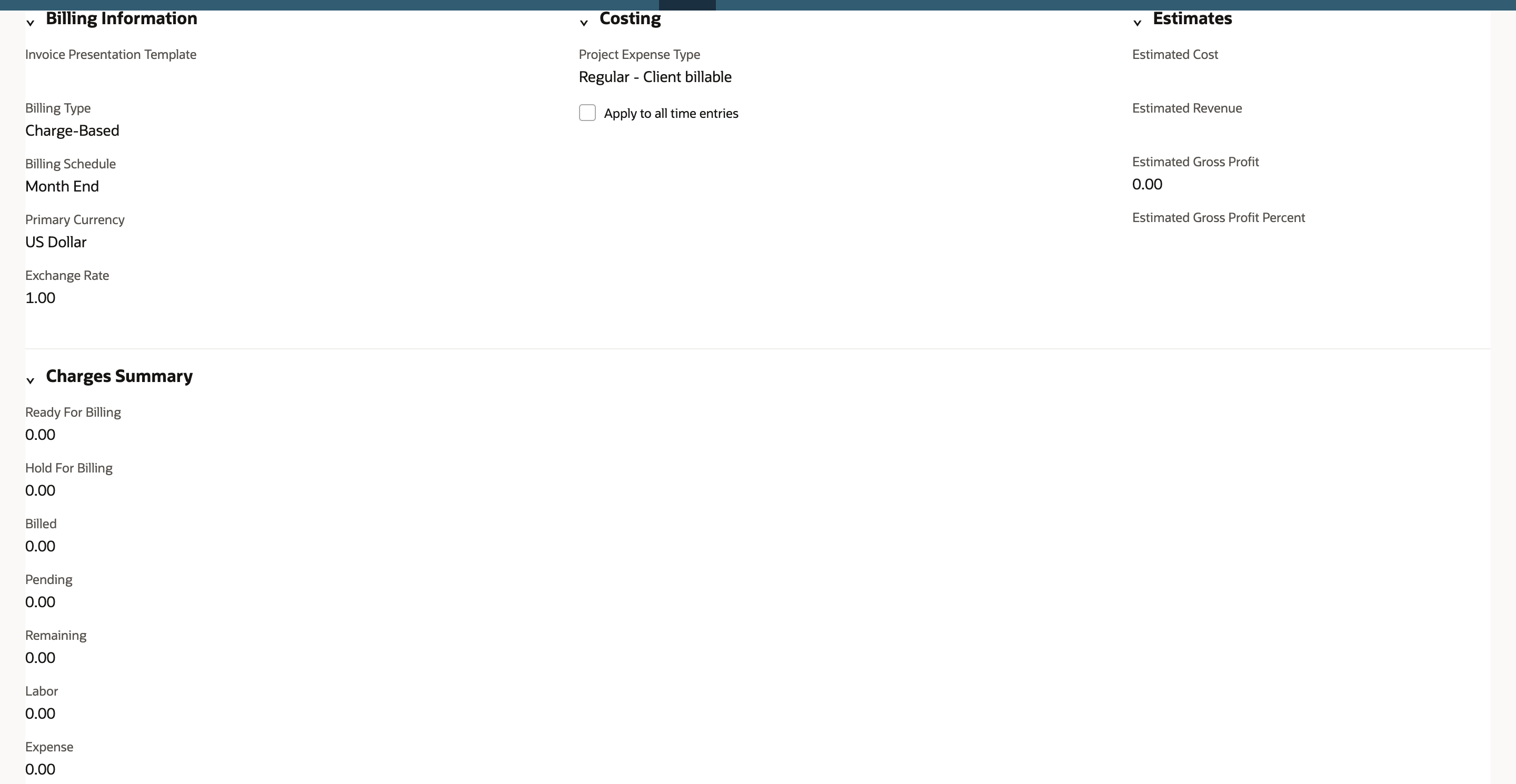 Project Financial subtab. Billing Information shows Billing Type Charge-Based, marked by a red arrow, and Billing Schedule Month End. Charges Summary shows 0.00 for Ready For Billing, Hold For Billing, Billed, Pending, Remaining, Labor and Expense.