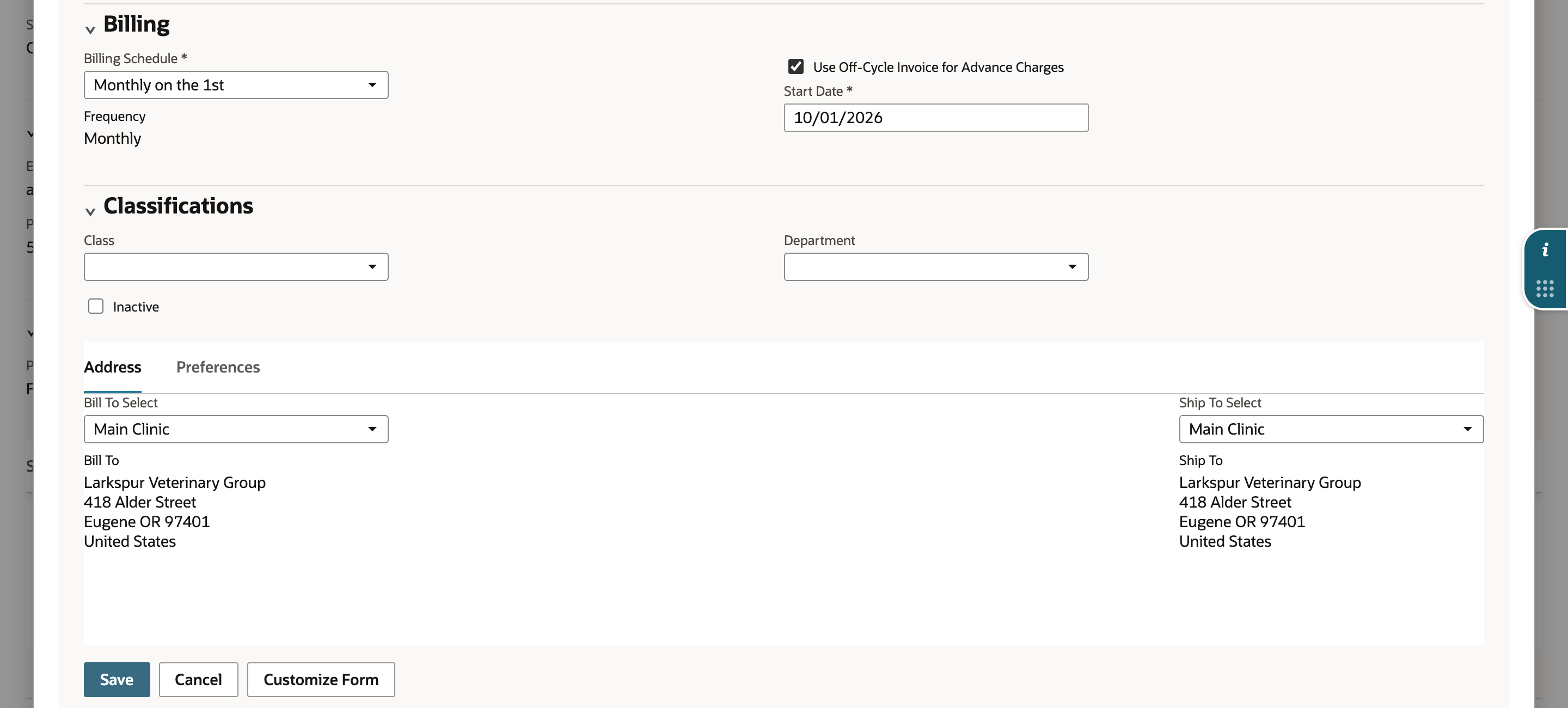 The Address subtab of the Billing Account form with Bill To Select and Ship To Select both set to Main Clinic, showing Larkspur Veterinary Group, 418 Alder Street, Eugene OR 97401, United States under Bill To and Ship To.