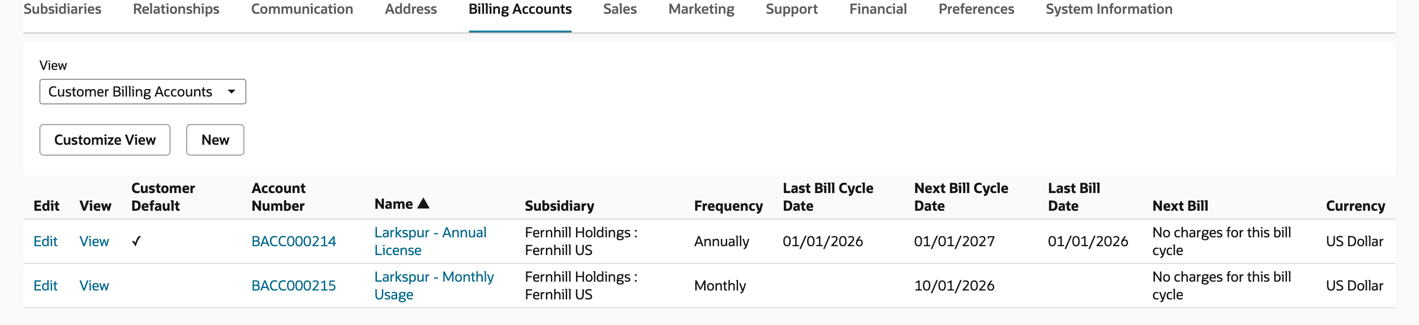 The Billing Accounts subtab of Larkspur Veterinary Group lists BACC000214 Larkspur - Annual License as Customer Default with Frequency Annually and Next Bill Cycle Date 01/01/2027, and BACC000215 Larkspur - Monthly Usage with Frequency Monthly and Next Bill Cycle Date 10/01/2026.