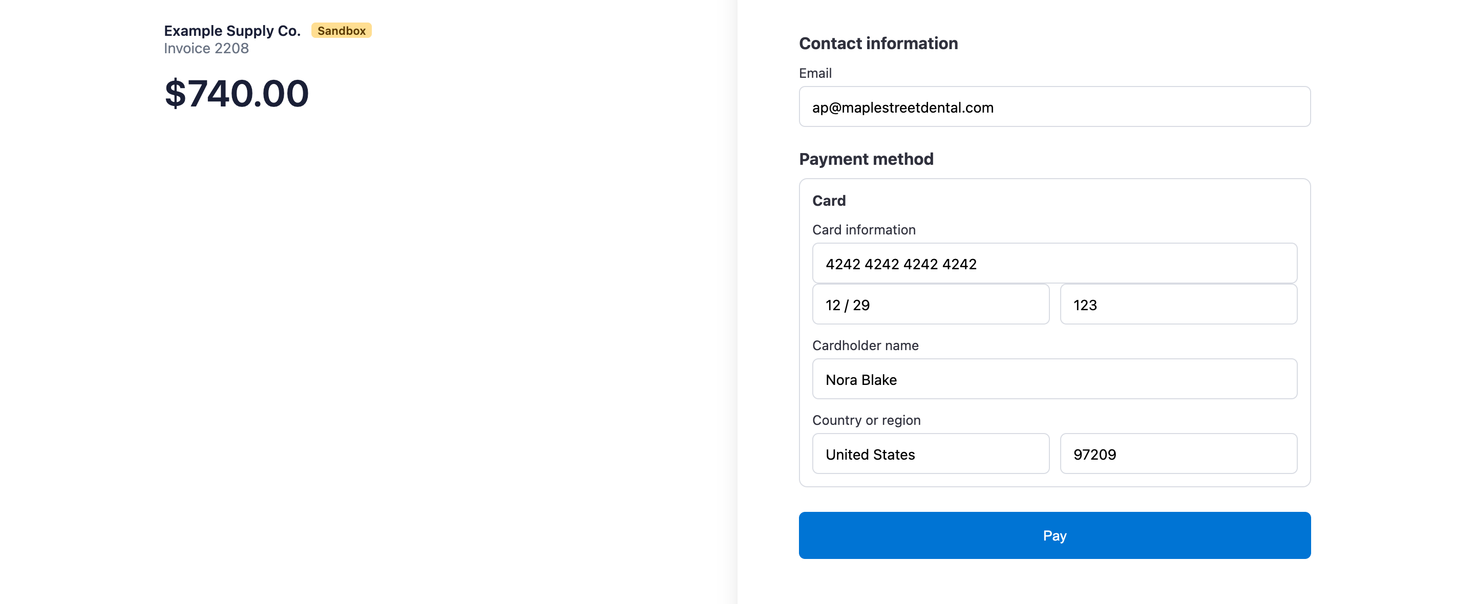 Stripe checkout for Invoice 2208, 740.00 dollars, in Sandbox mode, with email, test card 4242 4242 4242 4242, expiry 12 / 29, CVC 123, cardholder name and ZIP 97209 filled in above the Pay button.