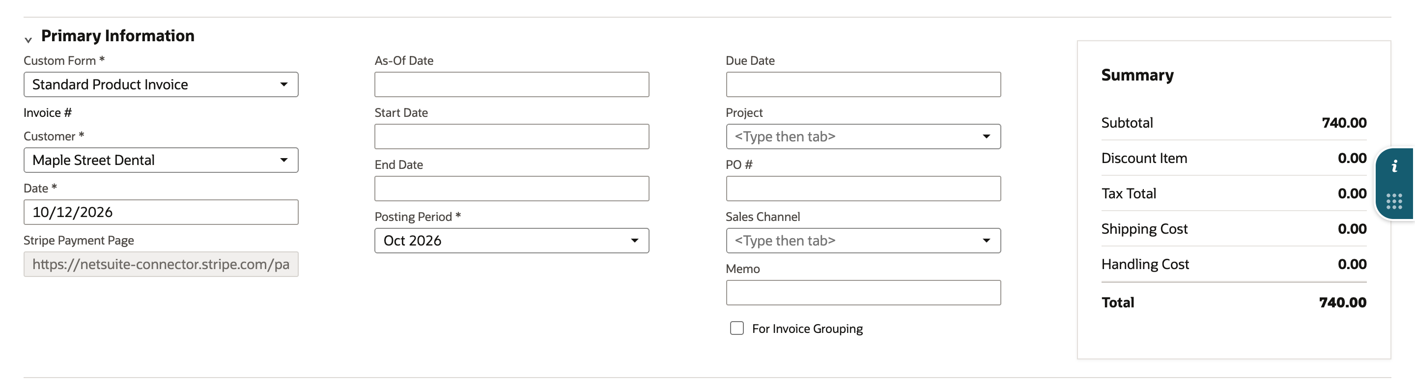 New invoice for Maple Street Dental with a Summary total of 740.00. The Stripe Payment Page field shows only the start of a URL, and a red arrow points at it.
