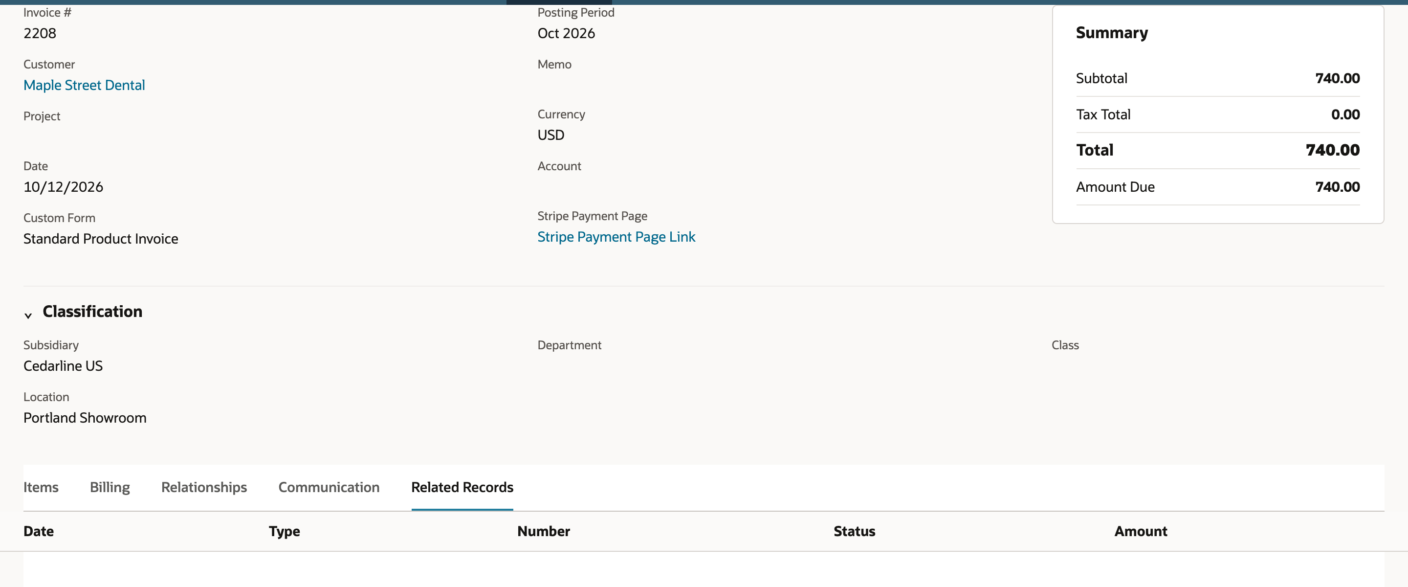 Invoice 2208 with the Related Records subtab selected. The table headers Date, Type, Number, Status and Amount have no rows beneath them. Amount Due is 740.00.