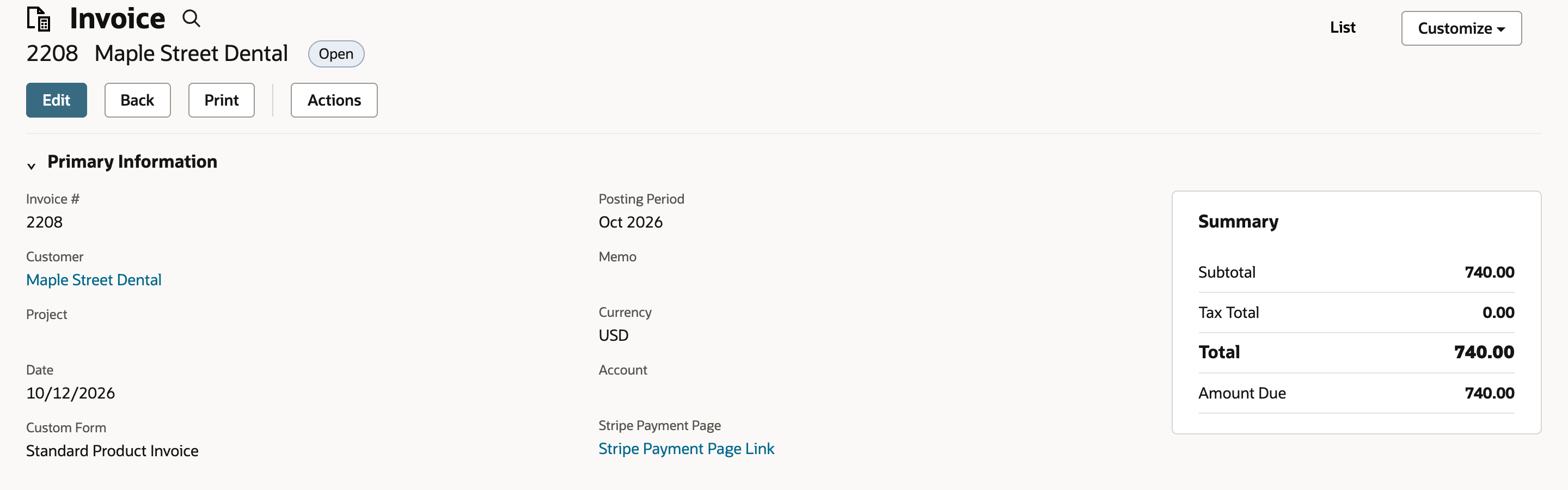 Saved invoice 2208 for Maple Street Dental, status Open, Amount Due 740.00. Primary Information shows Stripe Payment Page Link, marked by a red arrow.