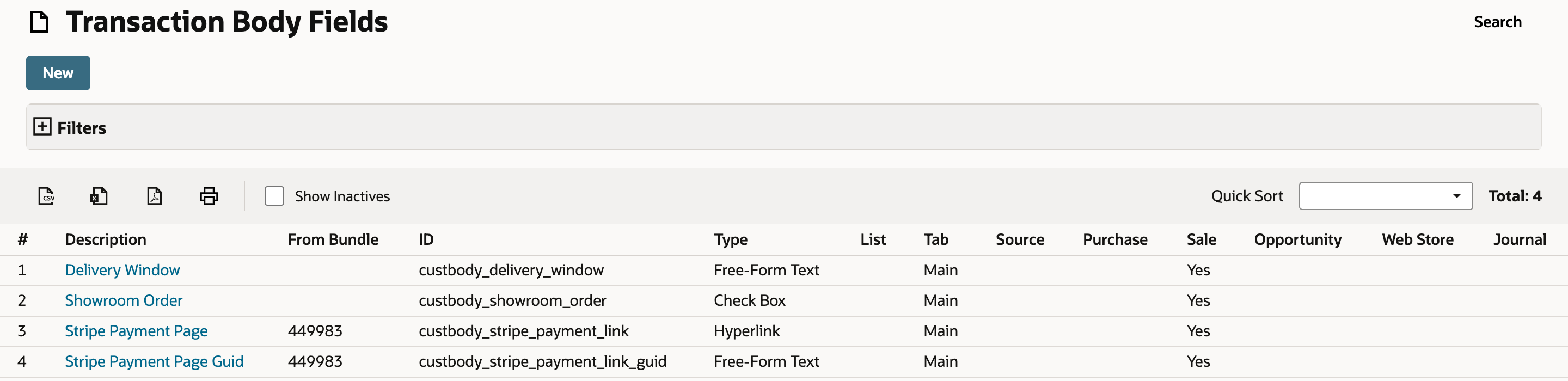 Transaction Body Fields list with four rows. Stripe Payment Page, type Hyperlink, and Stripe Payment Page Guid, type Free-Form Text, both show From Bundle 449983.
