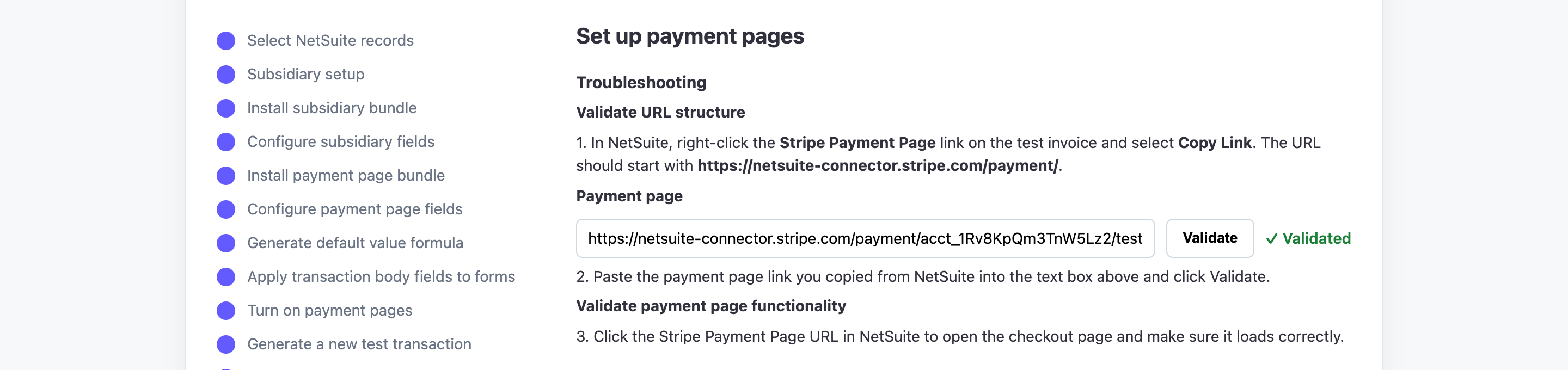 Stripe Connector for NetSuite wizard on the Troubleshooting step. The pasted payment page URL shows a green Validated check next to the Validate button, marked by a red arrow.