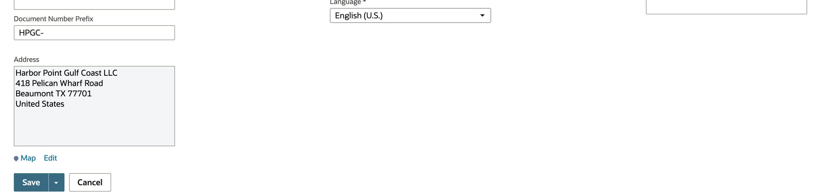The subsidiary form Address box showing Harbor Point Gulf Coast LLC, 418 Pelican Wharf Road, Beaumont TX 77701, United States, above the Map and Edit links and the Save button.