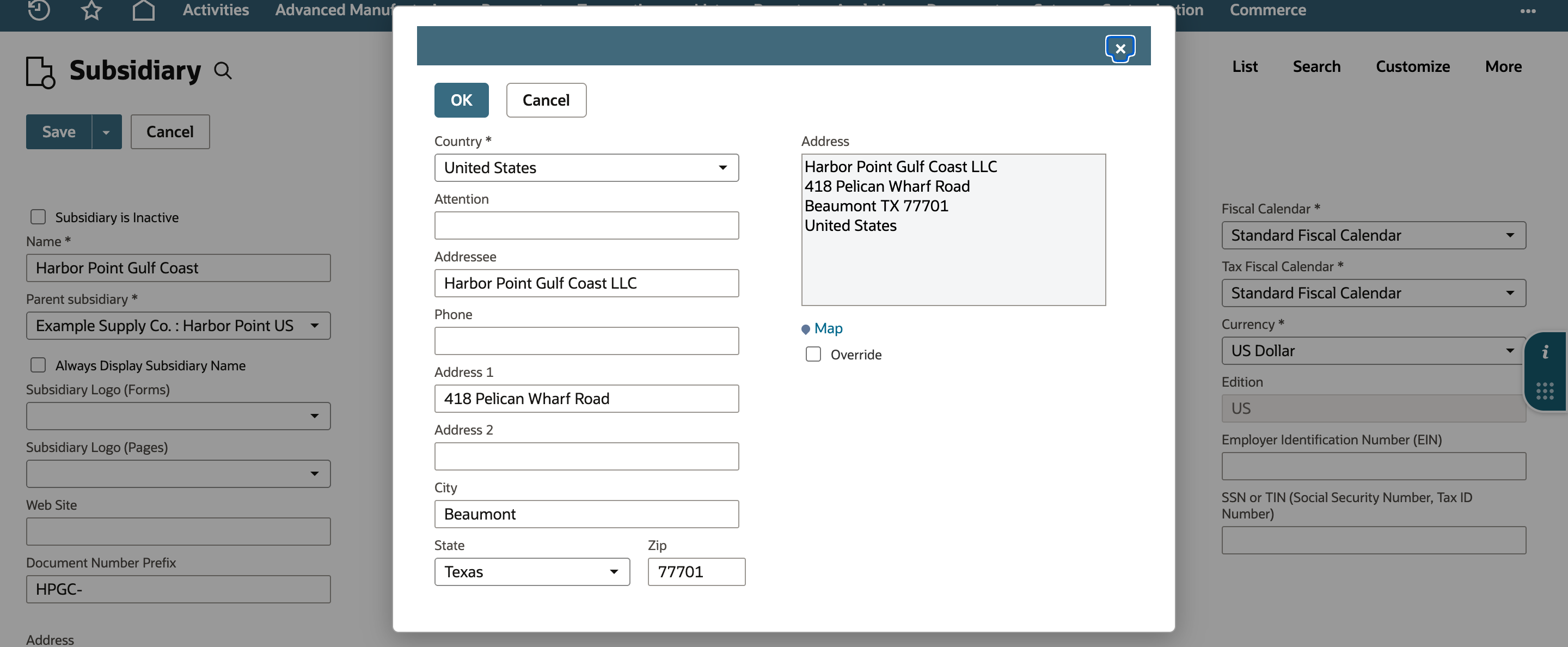 The address popup with Addressee Harbor Point Gulf Coast LLC, Address 1 418 Pelican Wharf Road, City Beaumont, State Texas, and Zip 77701. The Address preview reads Harbor Point Gulf Coast LLC, 418 Pelican Wharf Road, Beaumont TX 77701, United States.