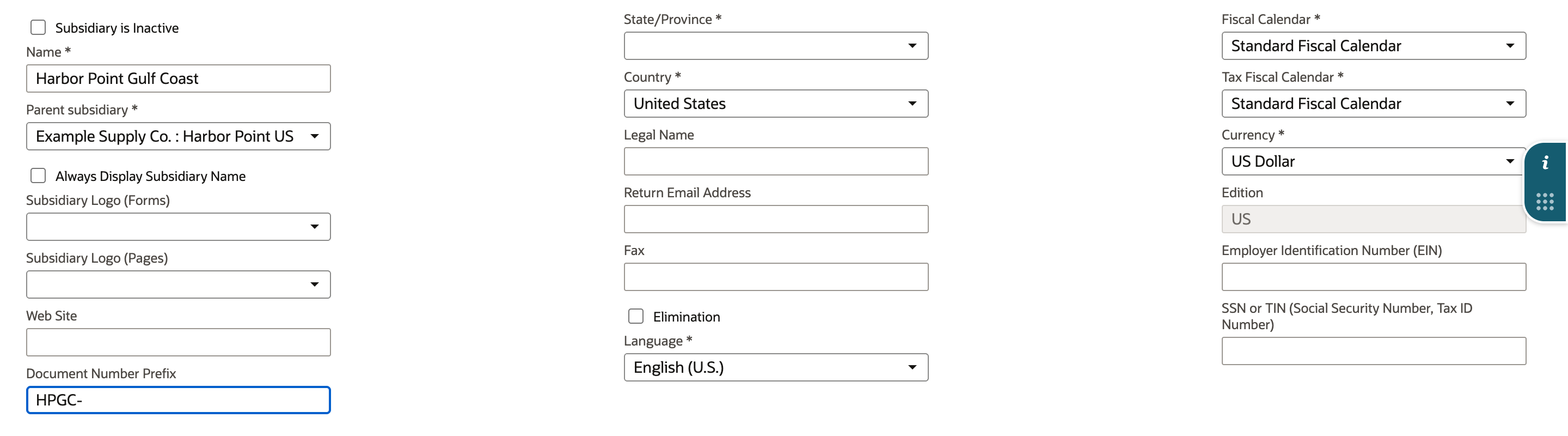 The subsidiary form with Parent subsidiary set to Example Supply Co. : Harbor Point US Operations, cut off in the field as Example Supply Co. : Harbor Point US, and Document Number Prefix HPGC-.
