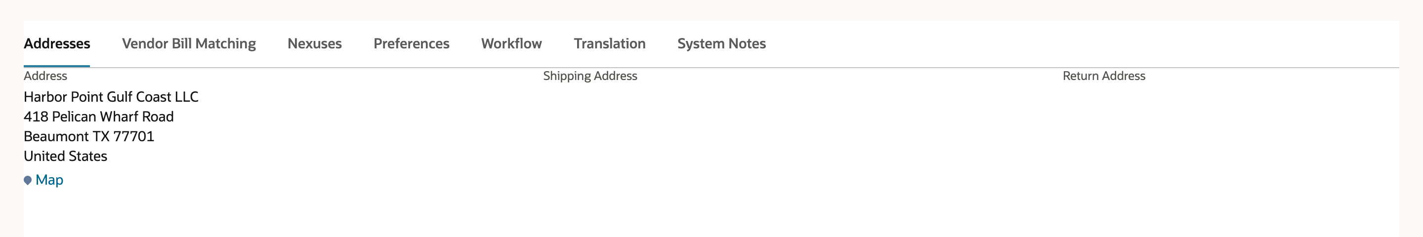 The Addresses subtab of the saved subsidiary. Address reads Harbor Point Gulf Coast LLC, 418 Pelican Wharf Road, Beaumont TX 77701, United States.