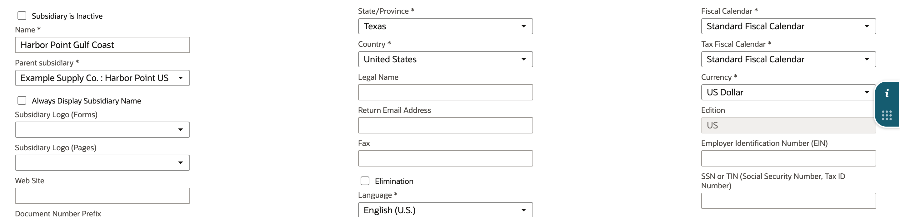The subsidiary form with State/Province Texas, Country United States, Language English (U.S.), Fiscal Calendar and Tax Fiscal Calendar Standard Fiscal Calendar, Currency US Dollar, and Edition US.