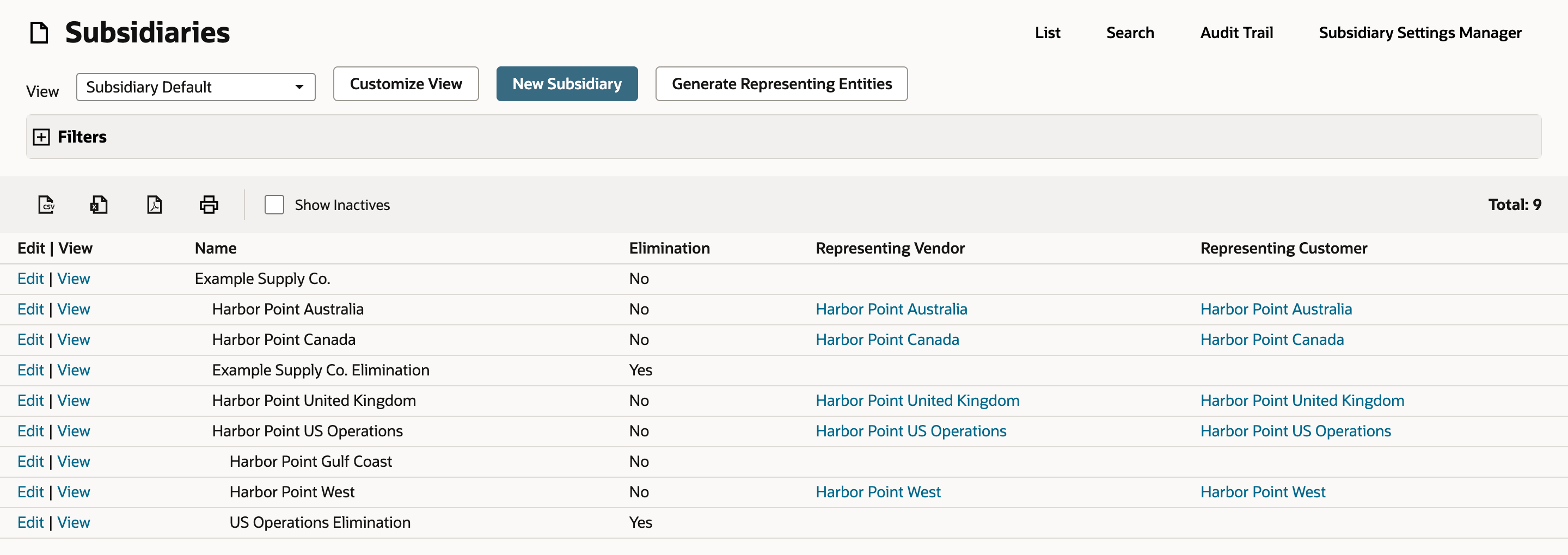 The Subsidiaries list shows Total: 9, with Harbor Point Gulf Coast indented under Harbor Point US Operations above Harbor Point West and US Operations Elimination.