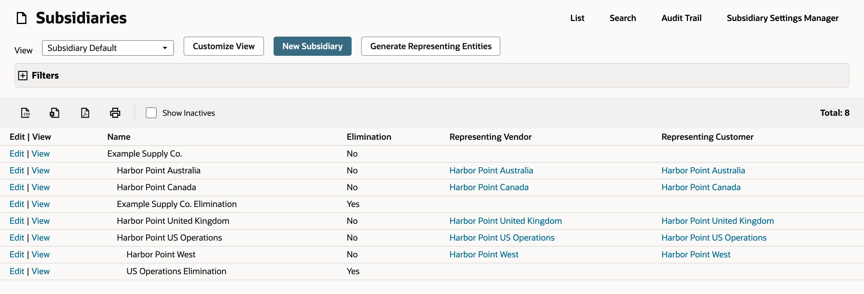 The Subsidiaries list with Total: 8. Example Supply Co. is the root, and Harbor Point West and US Operations Elimination are indented under Harbor Point US Operations. Elimination is Yes for Example Supply Co. Elimination and US Operations Elimination.