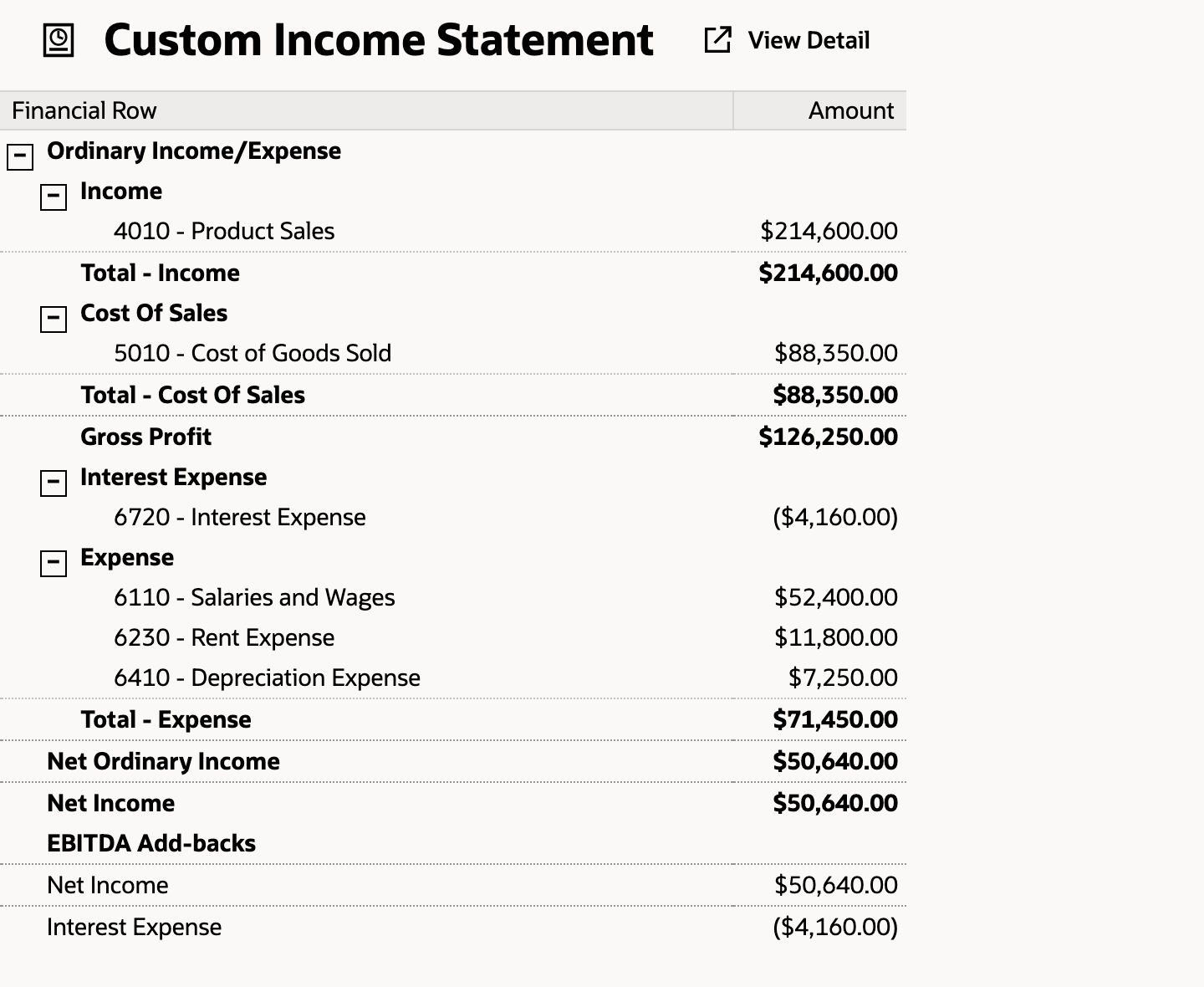 Second Preview of the Custom Income Statement. Interest Expense section with 6720 - Interest Expense ($4,160.00), Total - Expense $71,450.00, Net Ordinary Income $50,640.00, Net Income $50,640.00, and EBITDA Add-backs with Net Income $50,640.00 and Interest Expense ($4,160.00).