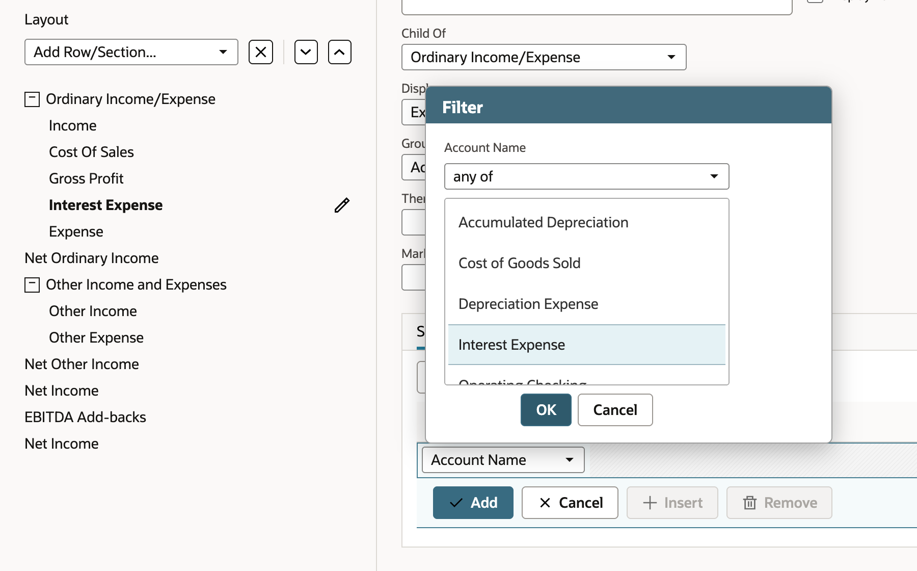 Filter popup for Account Name with the operator any of and a list of accounts: Accumulated Depreciation, Cost of Goods Sold, Depreciation Expense and Interest Expense, with Interest Expense selected, and OK and Cancel buttons.
