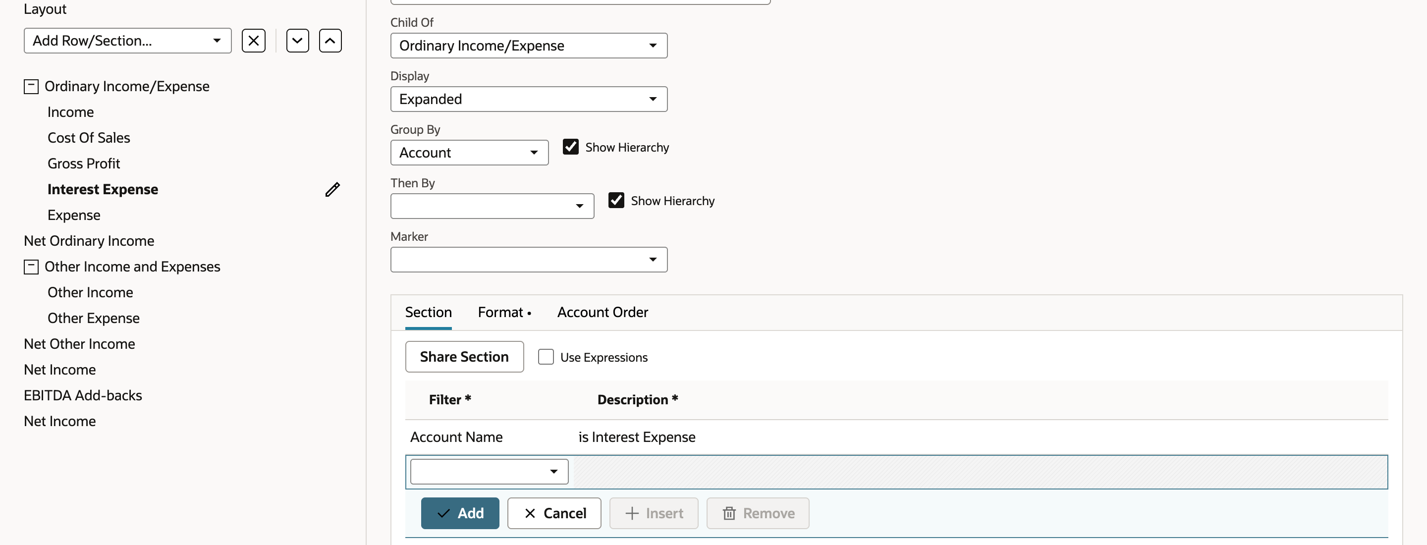 Interest Expense selected in the Layout tree between Gross Profit and Expense. The Section subtab filter grid shows one line: Filter Account Name, Description is Interest Expense.
