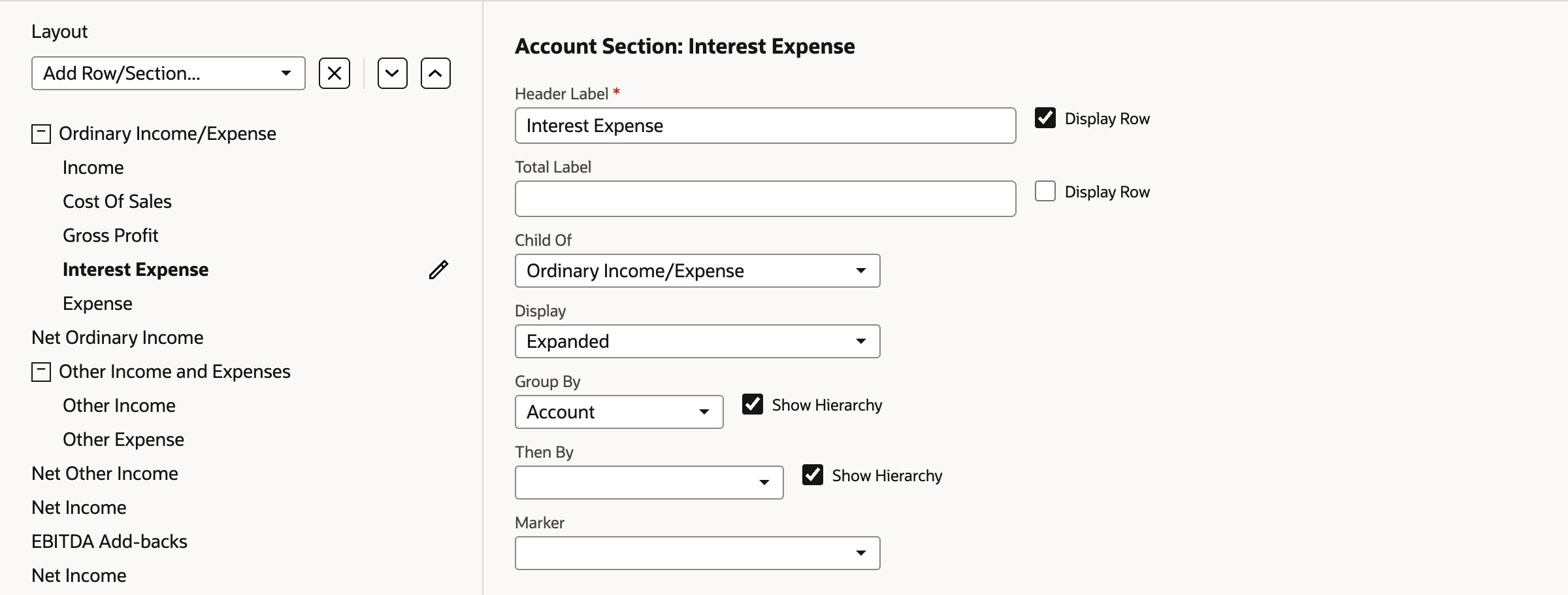 Account Section: Interest Expense. Header Label is Interest Expense with Display Row checked. Total Label is empty and its Display Row box is cleared. Child Of is Ordinary Income/Expense.
