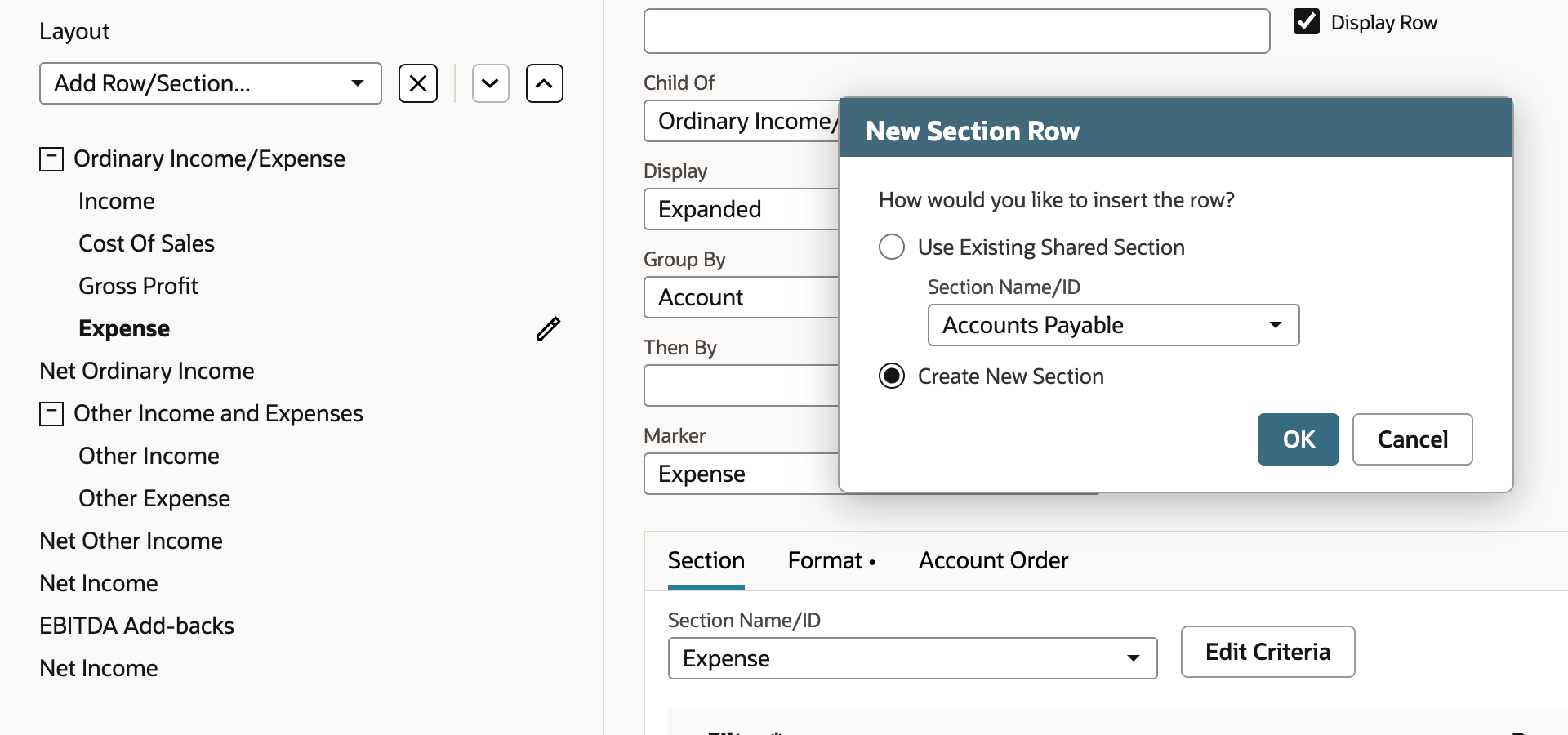 New Section Row dialog asking How would you like to insert the row, with Use Existing Shared Section and Create New Section, Create New Section selected, and OK and Cancel buttons. Expense is selected in the Layout tree.