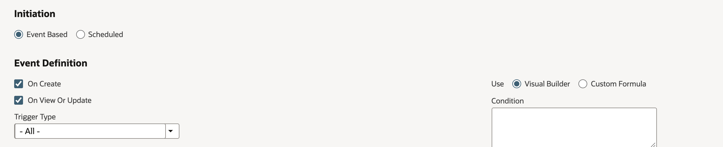 Event Definition on the new workflow with On Create and On View Or Update both checked.