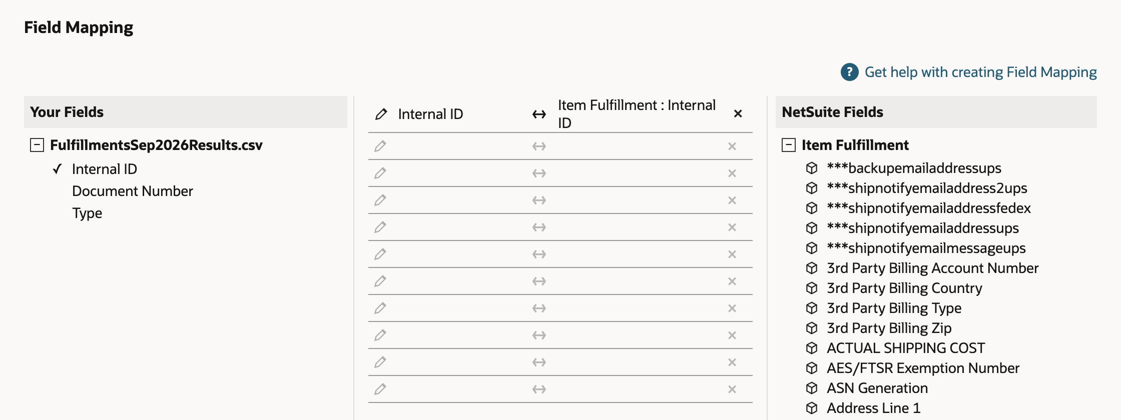 Field Mapping with Internal ID mapped to Item Fulfillment : Internal ID. Document Number and Type are unmapped.