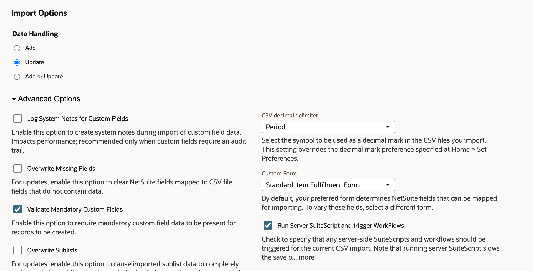 Import Options with Data Handling Update selected and Advanced Options expanded. Run Server SuiteScript and trigger WorkFlows is checked.