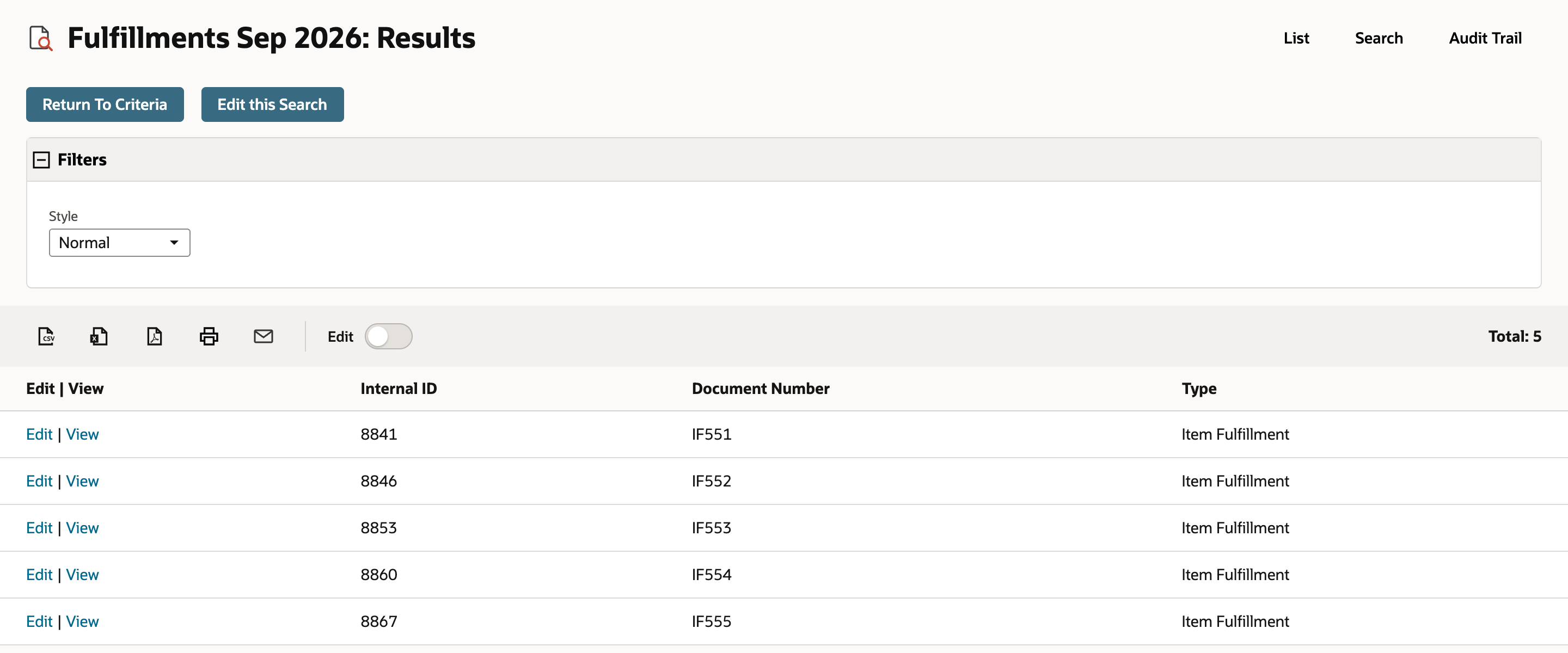 Fulfillments Sep 2026 saved search results, Total 5: Internal IDs 8841, 8846, 8853, 8860 and 8867 for IF551 to IF555, type Item Fulfillment. The CSV export icon is first in the toolbar.