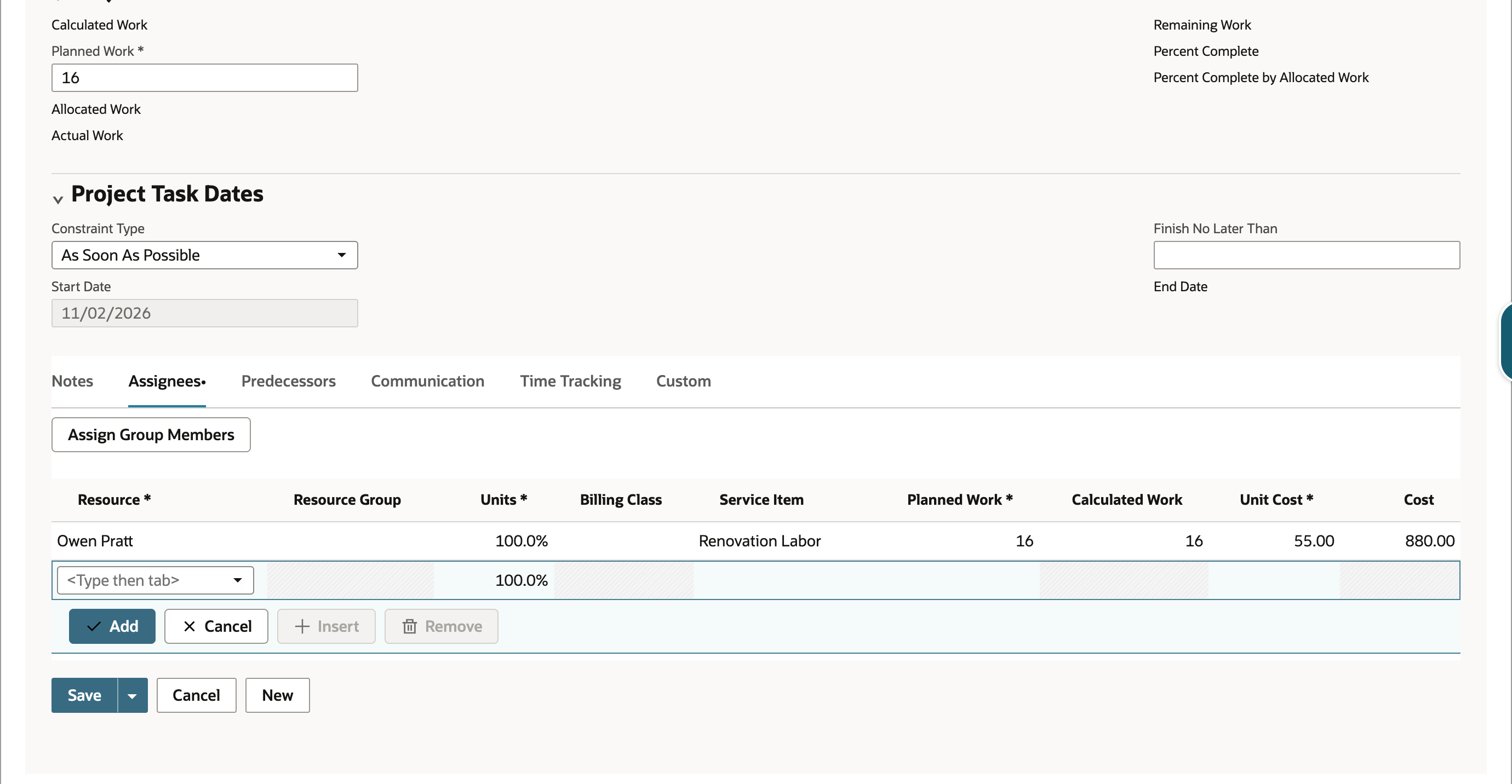 Assignees subtab with Owen Pratt at 100.0% Units, Renovation Labor, Planned Work 16, Unit Cost 55.00 and Cost 880.00; the task's Planned Work field shows 16