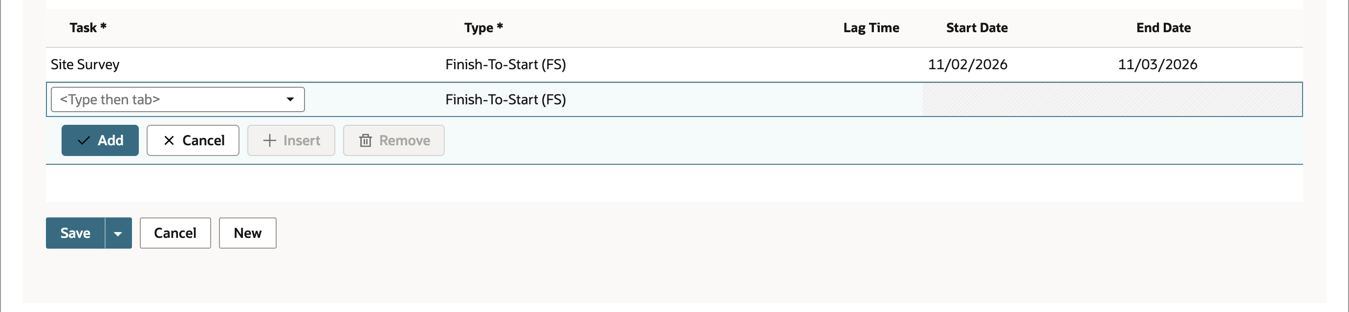 Predecessors subtab with Site Survey, Finish-To-Start (FS), empty Lag Time, start 11/02/2026 and end 11/03/2026