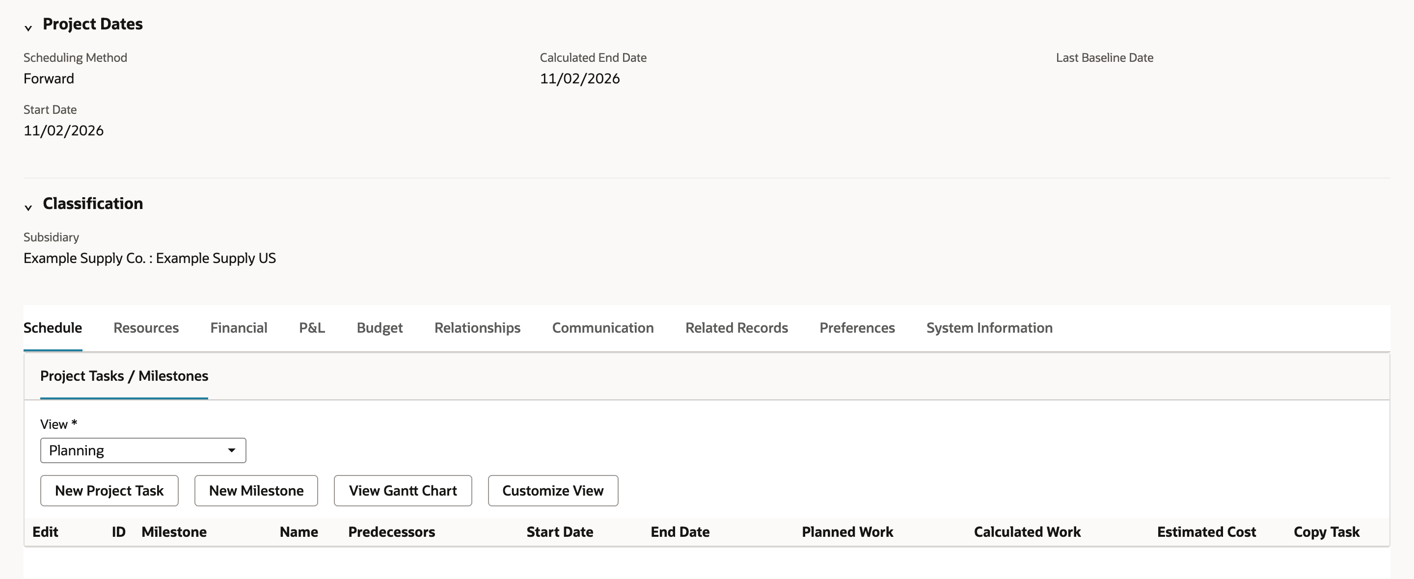 Project Dates showing Scheduling Method Forward and Start Date 11/02/2026, with the Schedule subtab's Project Tasks / Milestones list still empty