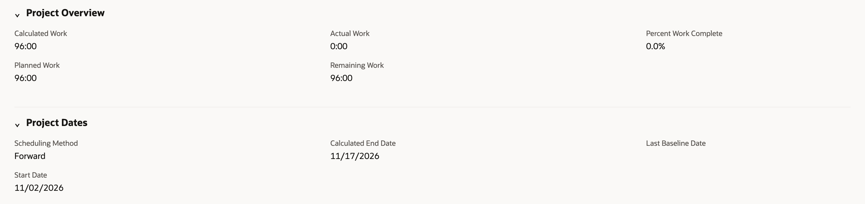 Project Overview with Calculated Work 96:00 and Calculated End Date 11/17/2026