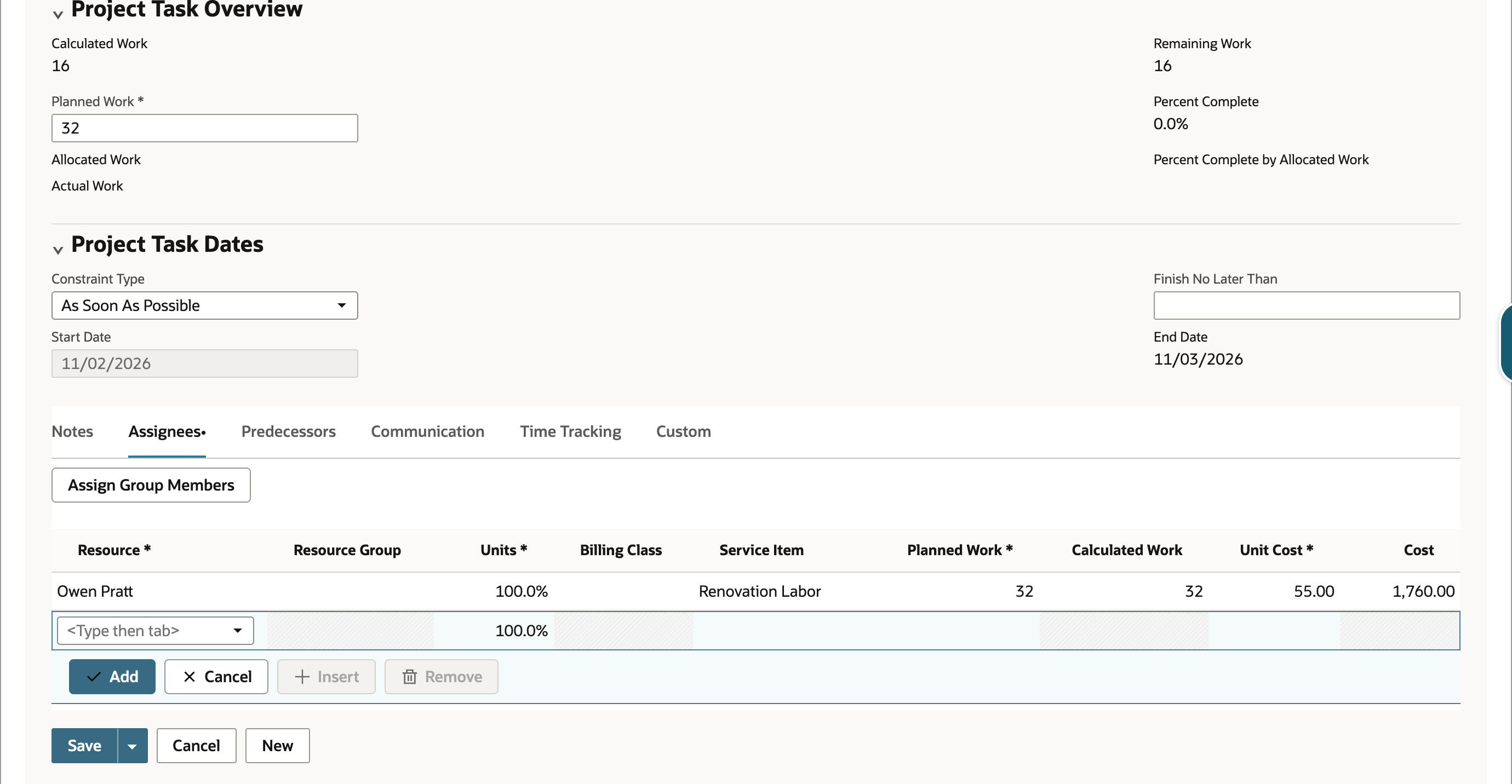 Editing Site Survey: Owen Pratt's Planned Work changed to 32, Cost 1,760.00, and the task's Planned Work field showing 32