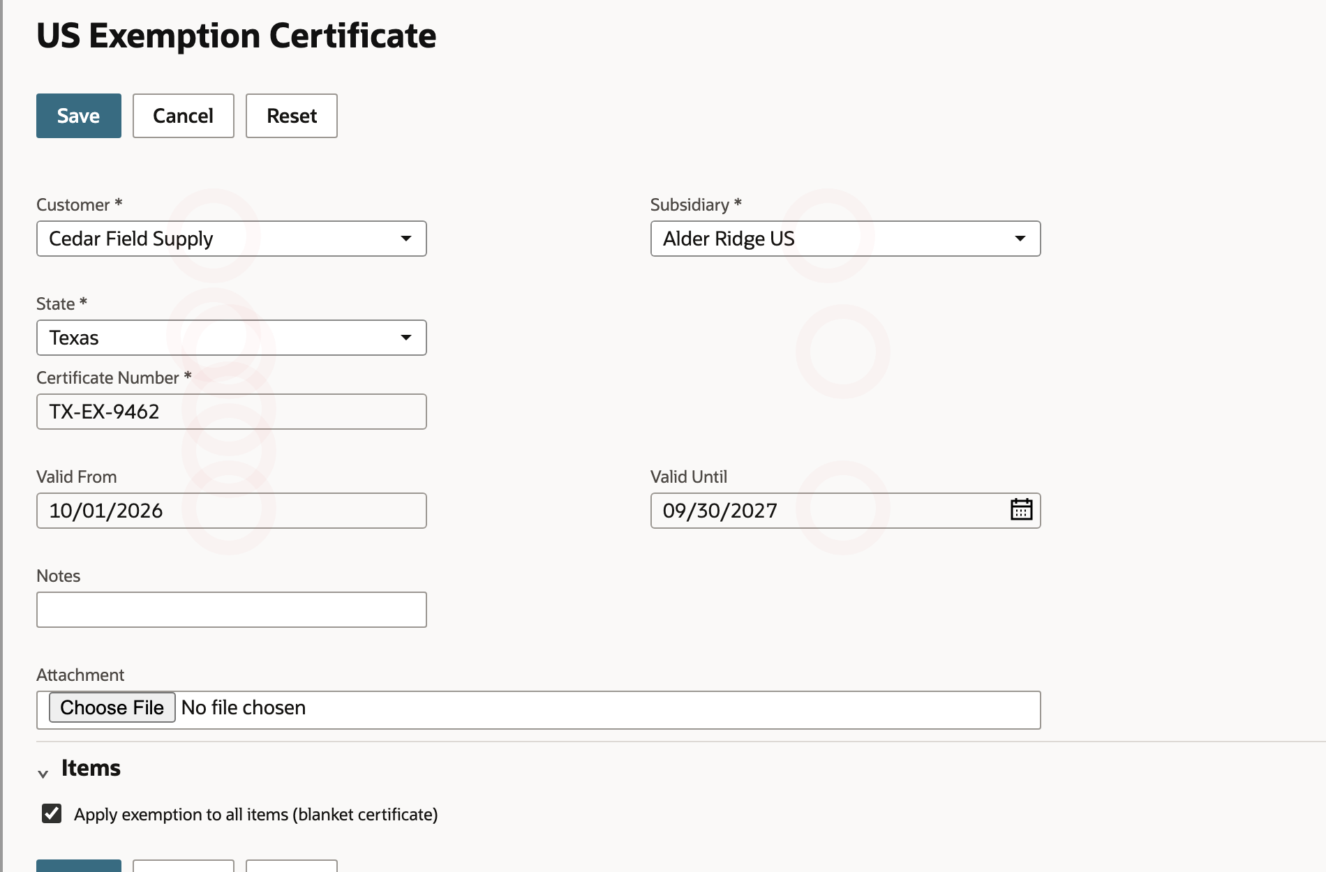 The exemption certificate form shows the selected customer, subsidiary, Texas state, certificate number, and validity dates.