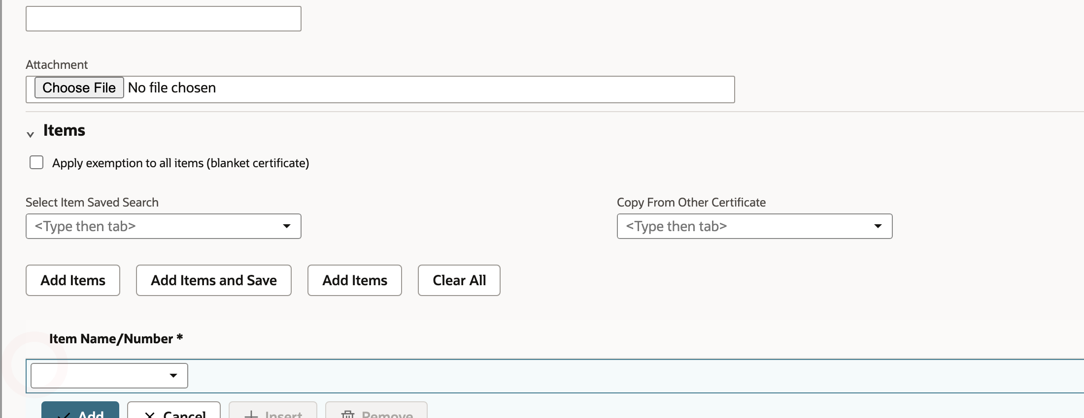 The certificate Items section shows the blanket coverage option and item-specific controls.