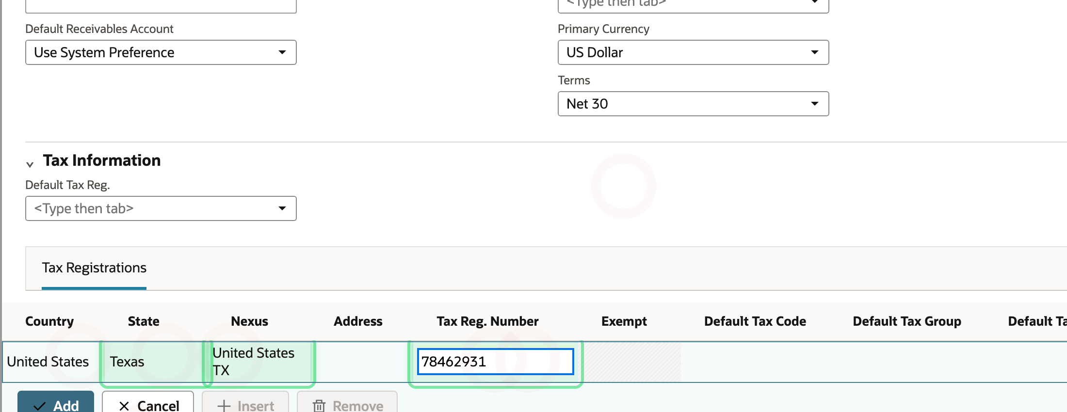 The customer Tax Registrations row has United States, Texas, the configured nexus, and registration number 78462931.