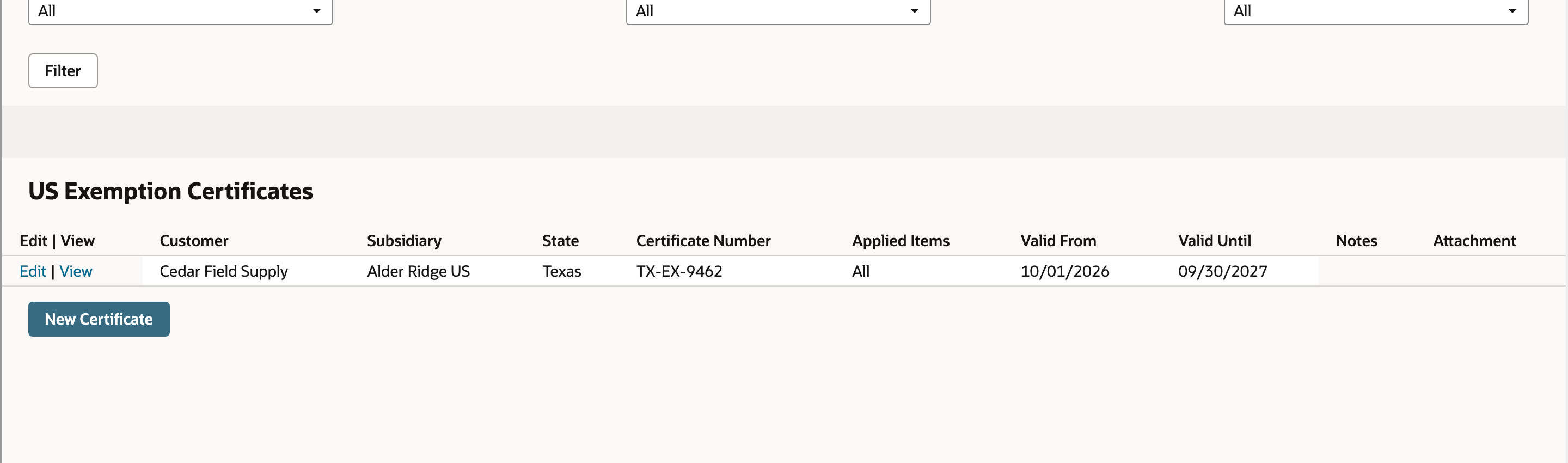 The saved certificate row shows Cedar Field Supply, Alder Ridge US, Texas, TX-EX-9462, Applied Items All, and the validity dates.