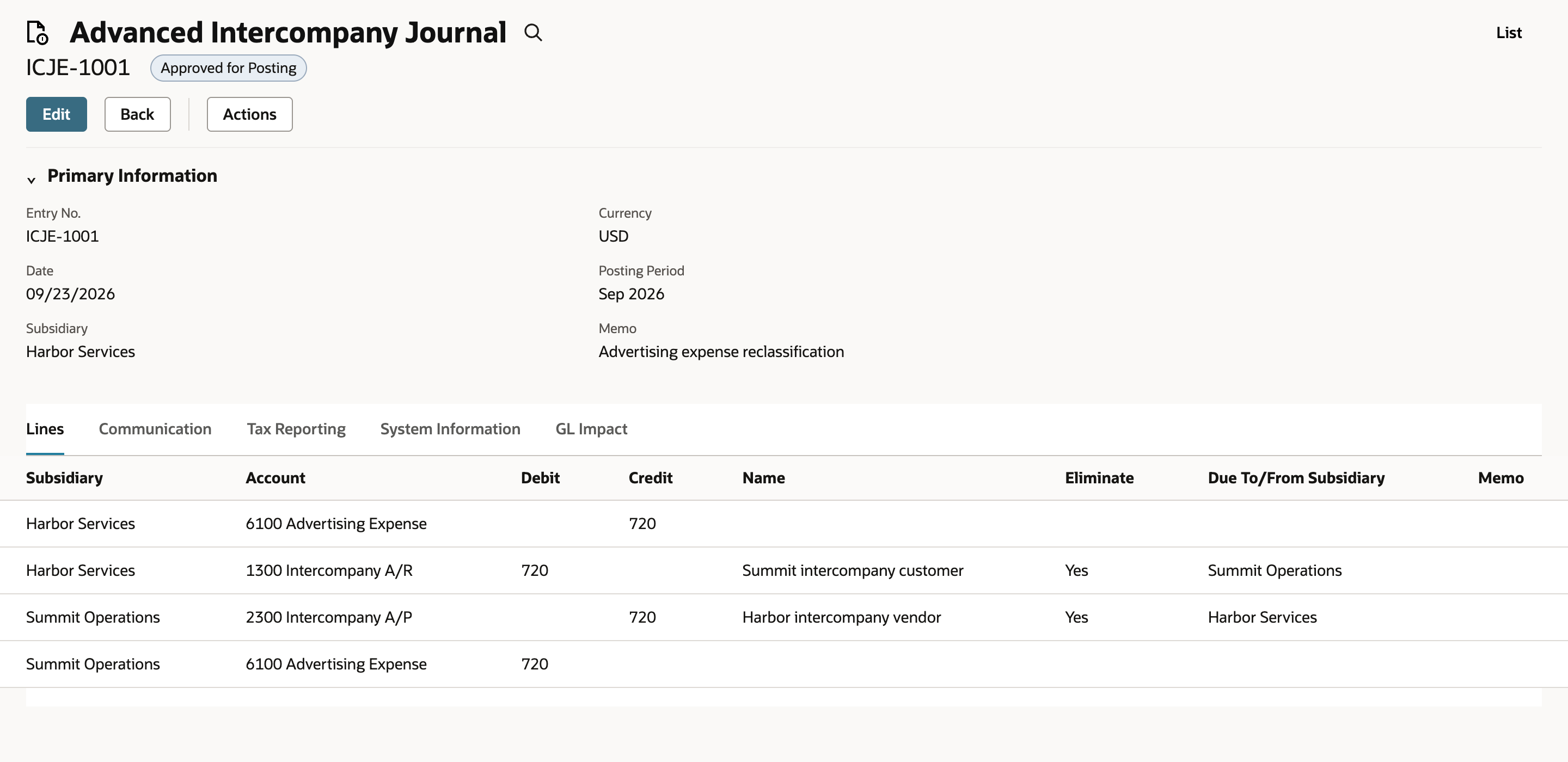 Saved four-line advanced intercompany journal showing the expense transfer and reciprocal balances.