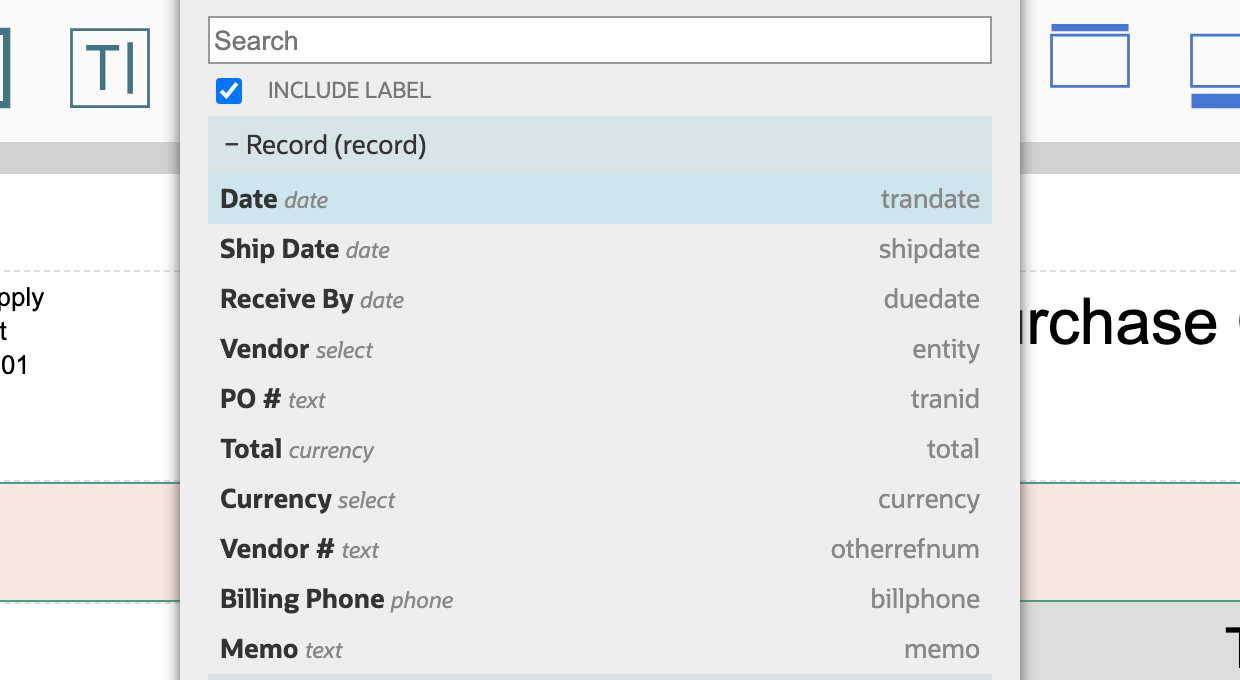 Choose Date with field ID trandate and Include Label selected.