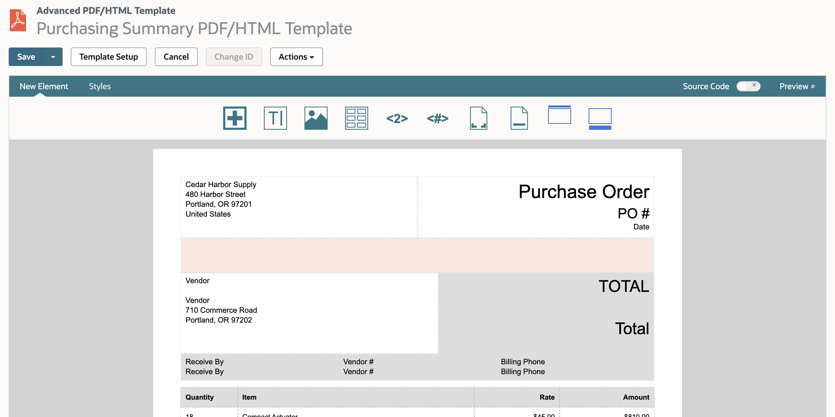 The existing purchase-order template has an empty summary cell.