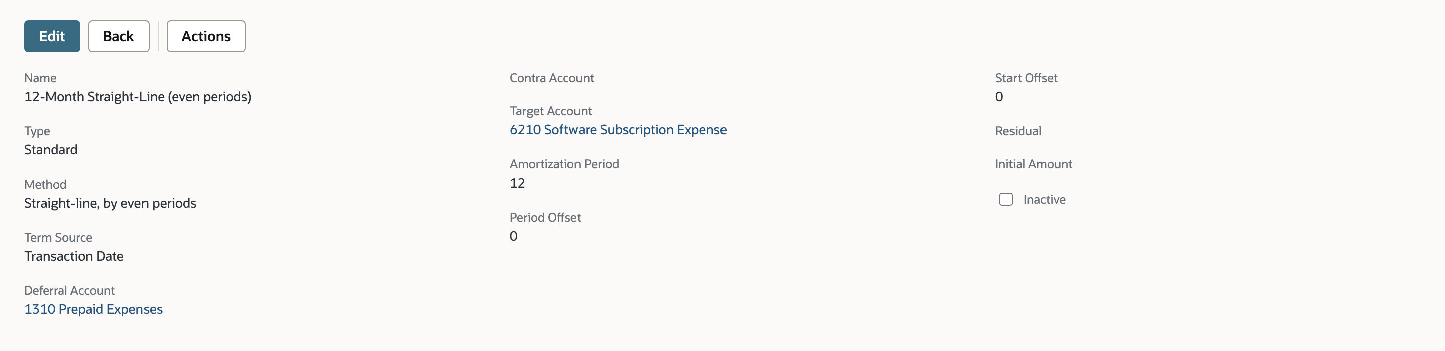 NetSuite amortization template showing Deferral Account 1310 Prepaid Expenses and Target Account 6210 Software Subscription Expense over twelve periods